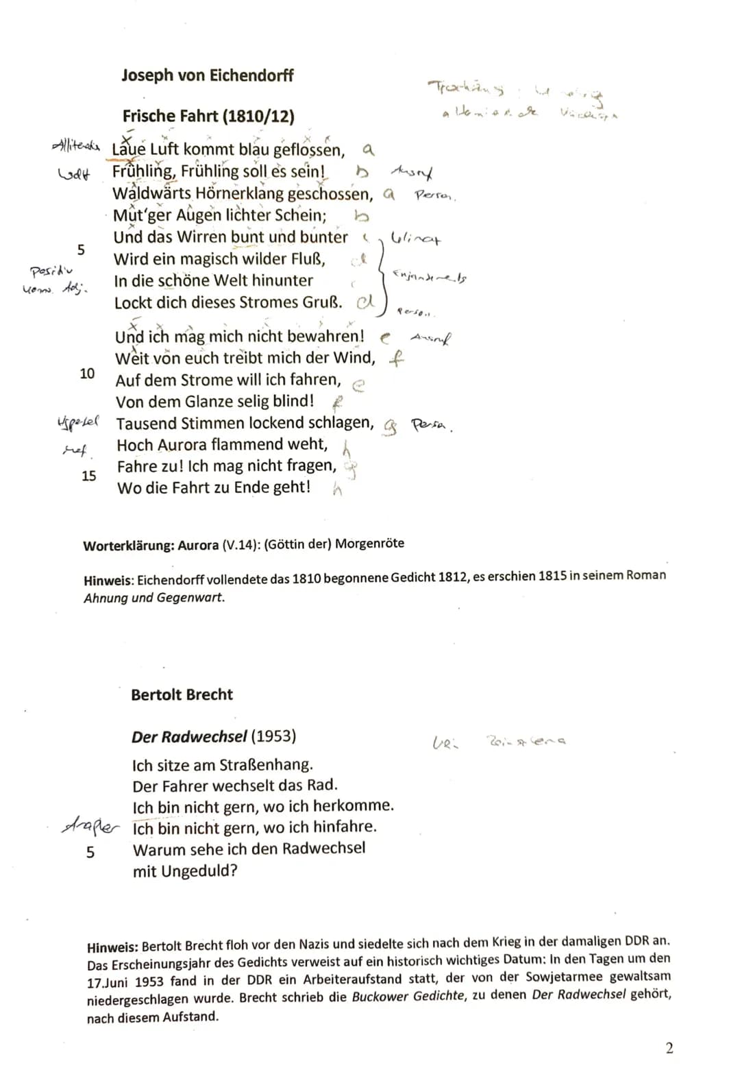 GKs Deutsch Q2
06.09.2023
(Zeit: 180 Minuten)
Klausur Nr. 1
,,Unterwegs sein" - Lyrik vom Barock bis zur Gegenwart
Aufgabenart I B: Vergleic