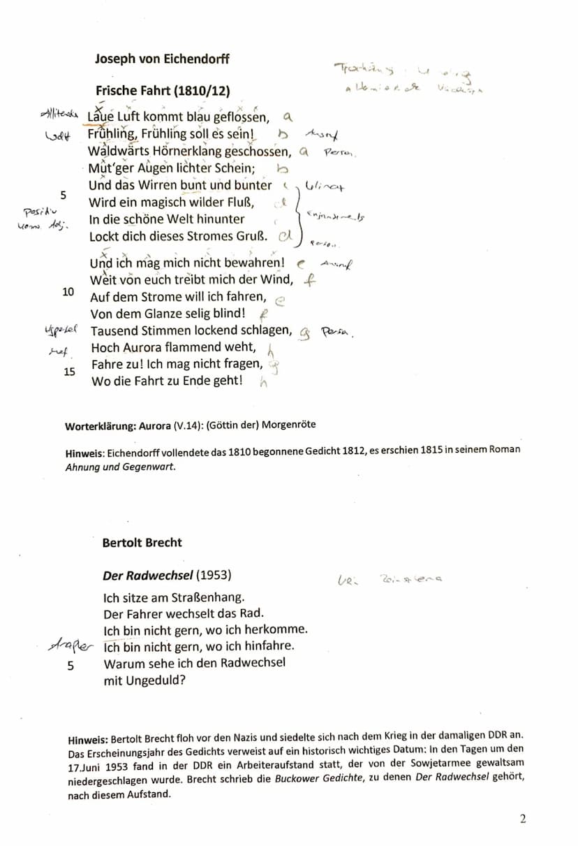 GKs Deutsch Q2
06.09.2023
(Zeit: 180 Minuten)
Klausur Nr. 1
,,Unterwegs sein" - Lyrik vom Barock bis zur Gegenwart
Aufgabenart I B: Vergleic