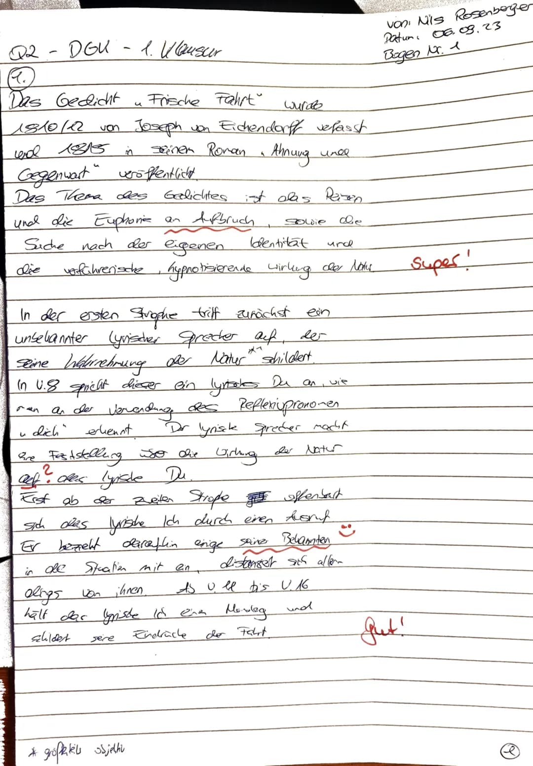GKs Deutsch Q2
06.09.2023
(Zeit: 180 Minuten)
Klausur Nr. 1
,,Unterwegs sein" - Lyrik vom Barock bis zur Gegenwart
Aufgabenart I B: Vergleic