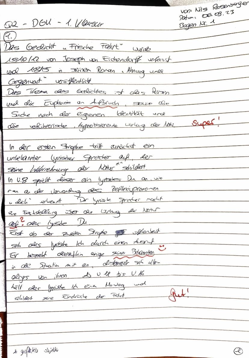 GKs Deutsch Q2
06.09.2023
(Zeit: 180 Minuten)
Klausur Nr. 1
,,Unterwegs sein" - Lyrik vom Barock bis zur Gegenwart
Aufgabenart I B: Vergleic