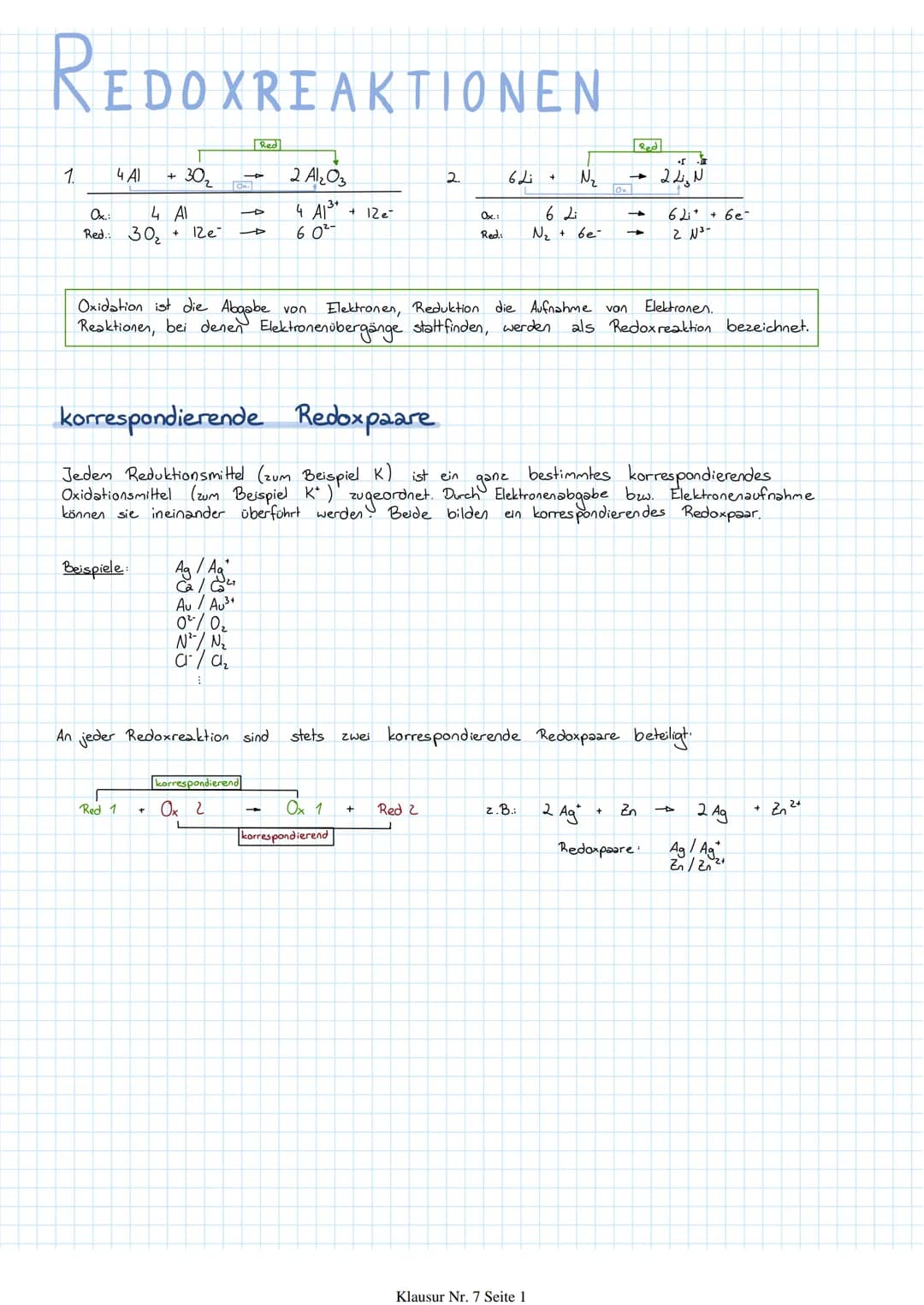 REDOXREAKTIONEN
1.
Ox.:
Red.
4 Al
30₂
Beispiele:
Red 1
+30₂
4 Al
+
12e
+
Ag / Ag
C₂ / ²7
Au / Au³+
Red
0²/0₂
N² / N₂
C1/C₂
I
An jeder Redoxr