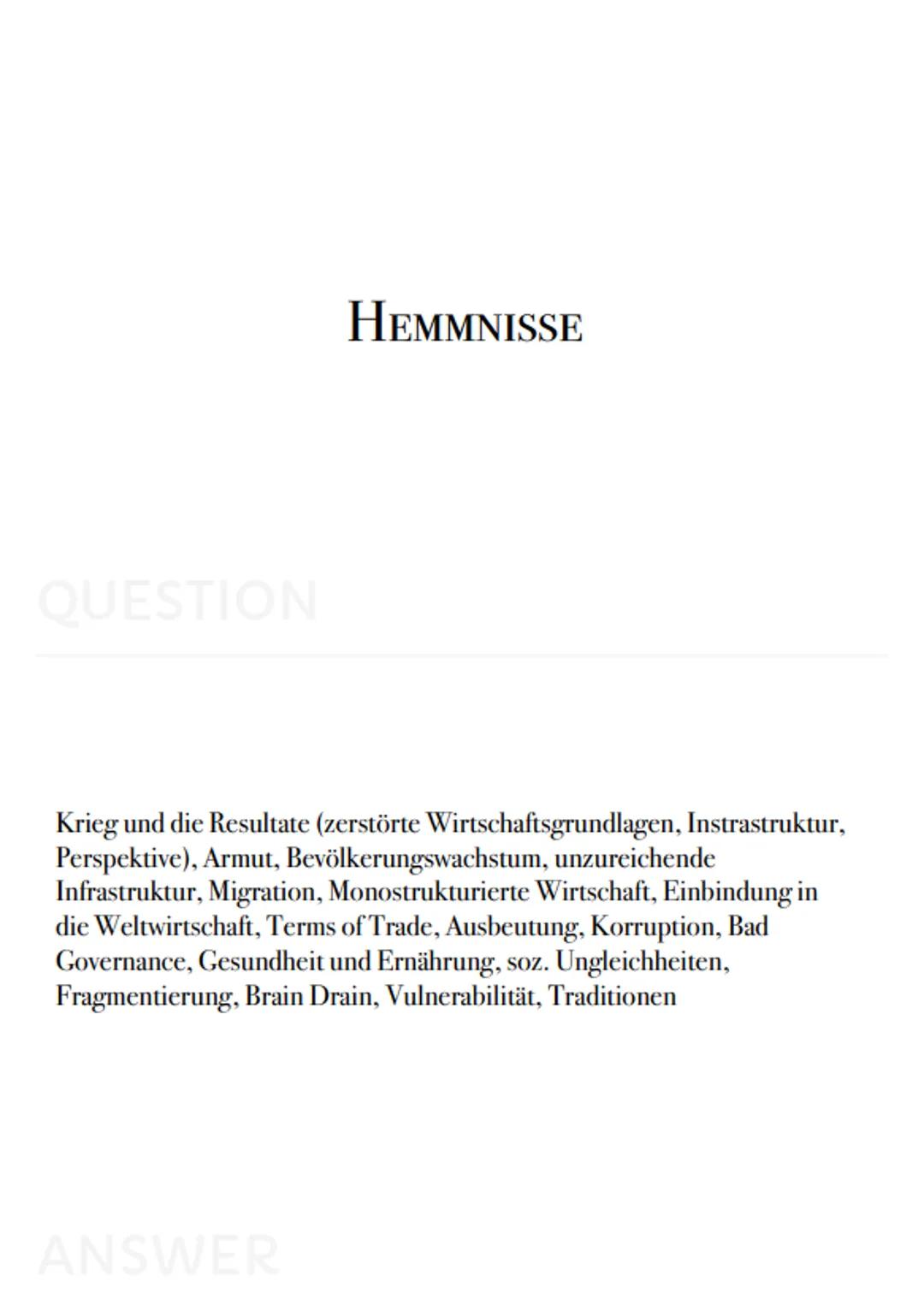 Geo
Karteikarten
- PUSH FAKTOREN
QUESTION
Krieg, politische Instabilität, Naturkatastrophen, Armut, Infrastruktur,
Bildungseinrichtungen, me