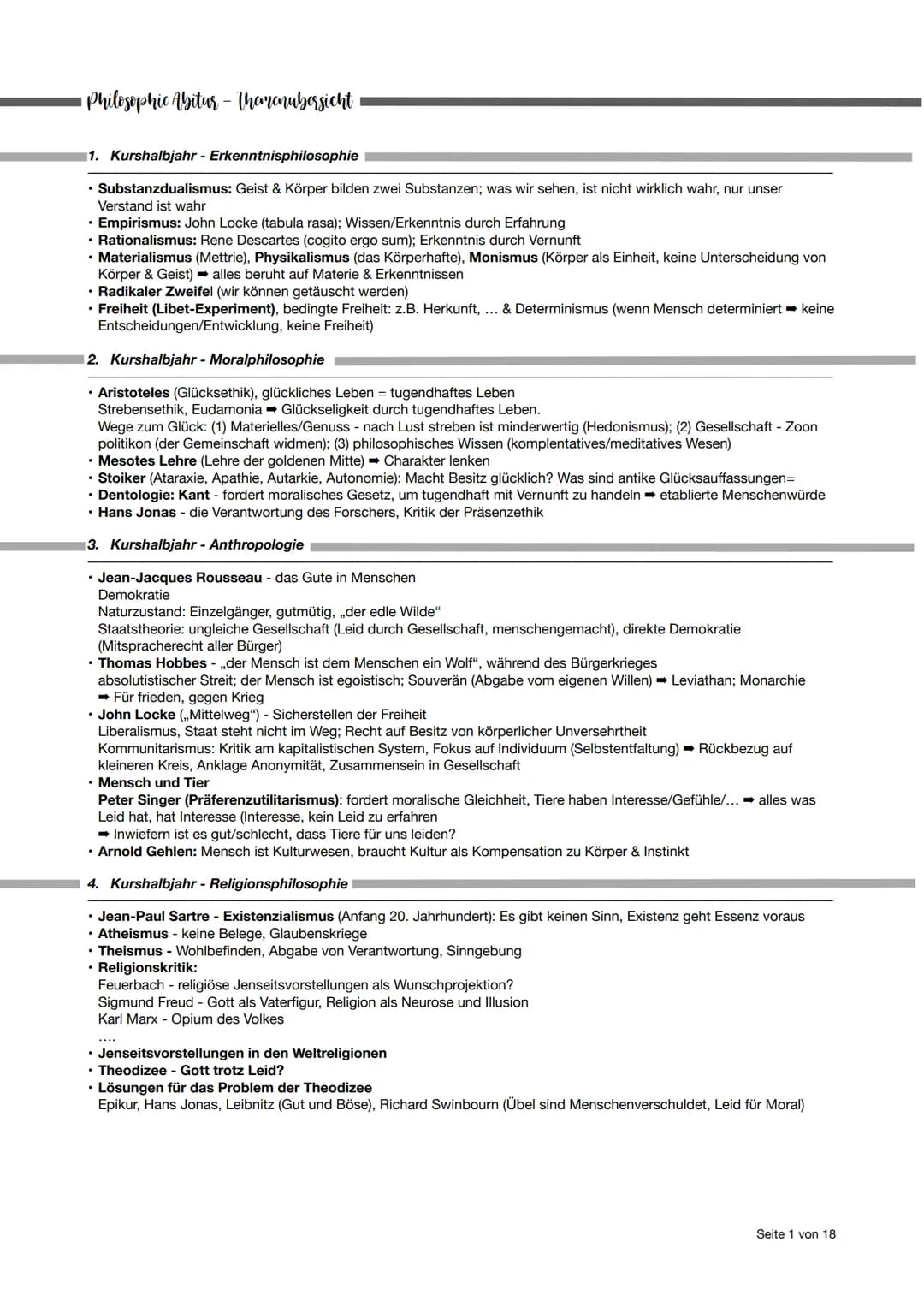 ▪ Philosophic Abitur - Thomanubersicht
1. Kurshalbjahr - Erkenntnisphilosophie
• Substanzdualismus: Geist & Körper bilden zwei Substanzen; w