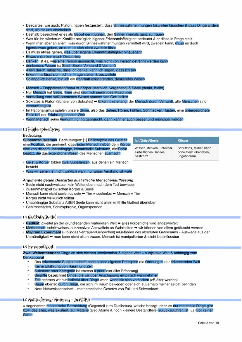 ▪ Philosophic Abitur - Thomanubersicht
1. Kurshalbjahr - Erkenntnisphilosophie
• Substanzdualismus: Geist & Körper bilden zwei Substanzen; w