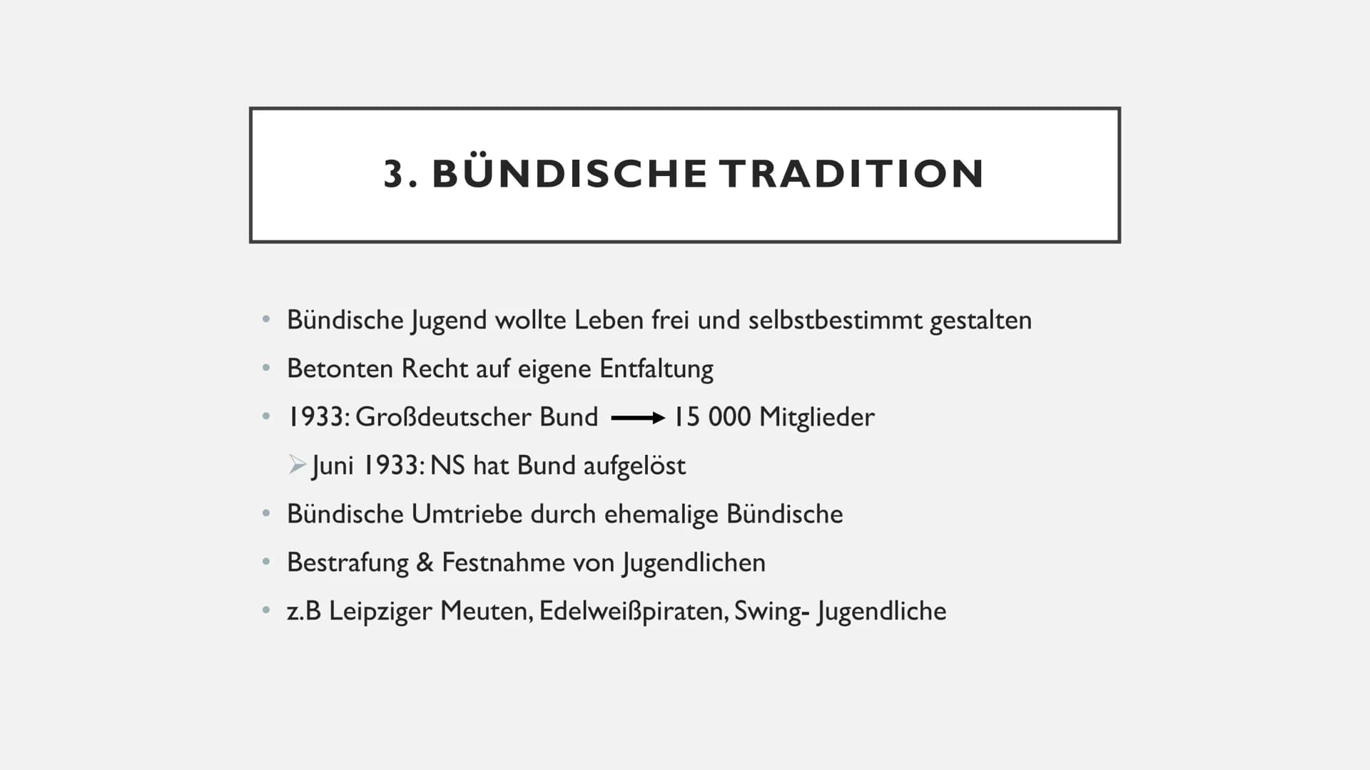 WIDERSTAND VON
JUGENDLICHEN GLIEDERUNG
Was ist Widerstand?
Widerstand von Jugendlichen
Bündische Traditionen
I.
2.
3.
4. Die weiße Rose
5.
6
