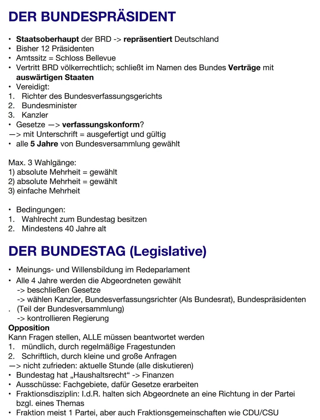 DER BUNDESPRÄSIDENT
Staatsoberhaupt der BRD -> repräsentiert Deutschland
Bisher 12 Präsidenten
• Amtssitz
• Vertritt BRD völkerrechtlich; sc