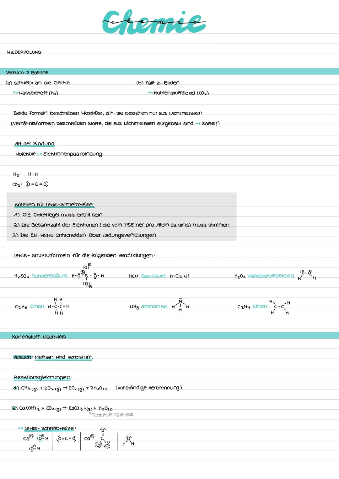 WIEDERHOLUNG:
Versuch 2 Ballons
(a) schwebt an die Decke
Wasserstoff (H₂)
Art der Bindung:
Moleküle →→ Elektronenpaarbindung
H₂ H-H
CO₂: O=C