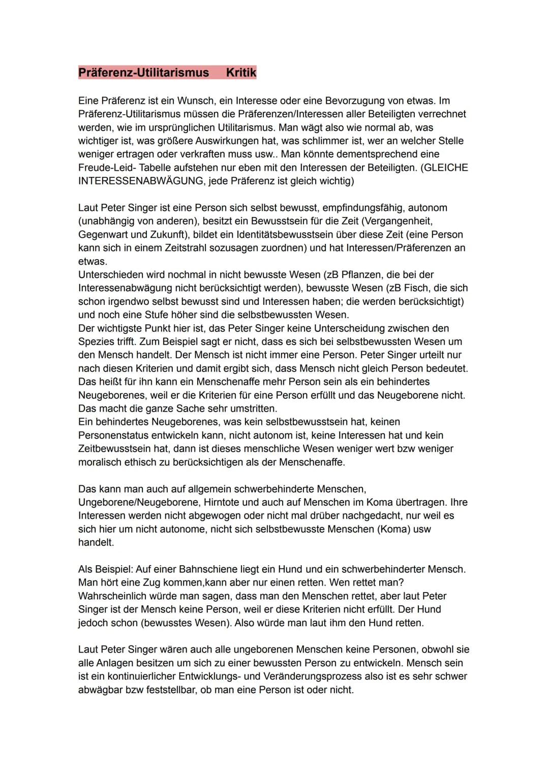 Präferenz-Utilitarismus Kritik
Eine Präferenz ist ein Wunsch, ein Interesse oder eine Bevorzugung von etwas. Im
Präferenz-Utilitarismus müss