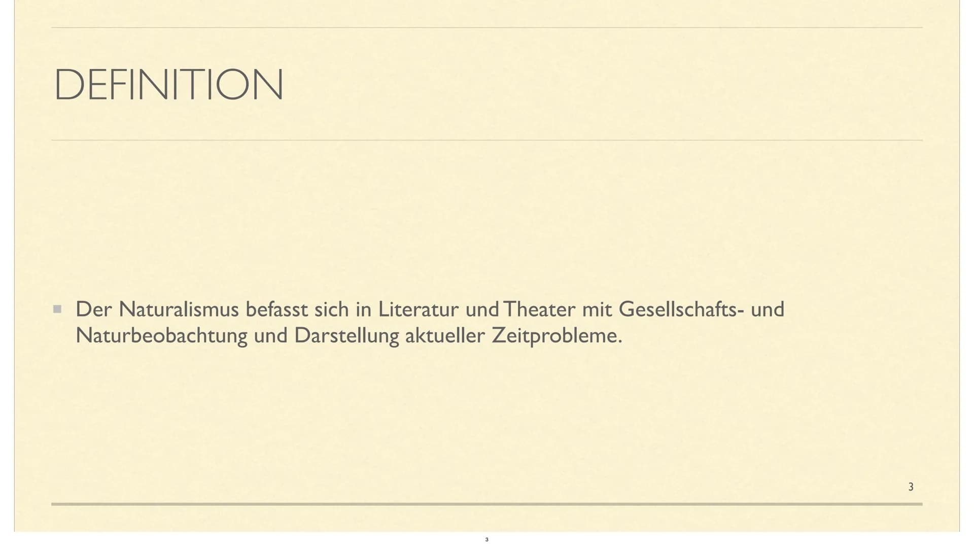 LITERATUREPOCHE NATURALISMUS GLIEDERUNG
■ I.Definition
2. Allgemeines
■ 3.Historischer Kontext
■ 4.Merkmale
▪ 5.Literatur des Naturalismus u