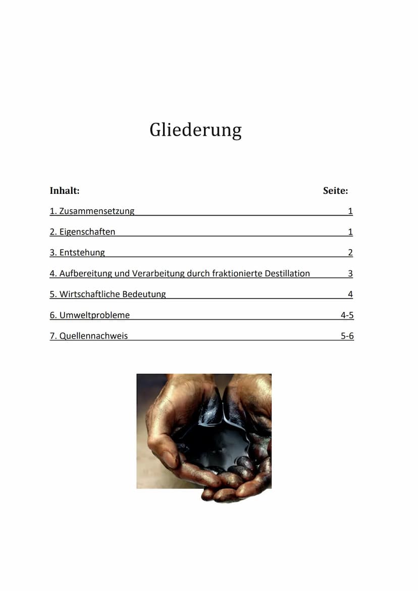 Erdöl - ein kostbarer Rohstoff Inhalt:
1. Zusammensetzung
Gliederung
2. Eigenschaften
3. Entstehung
4. Aufbereitung und Verarbeitung durch f