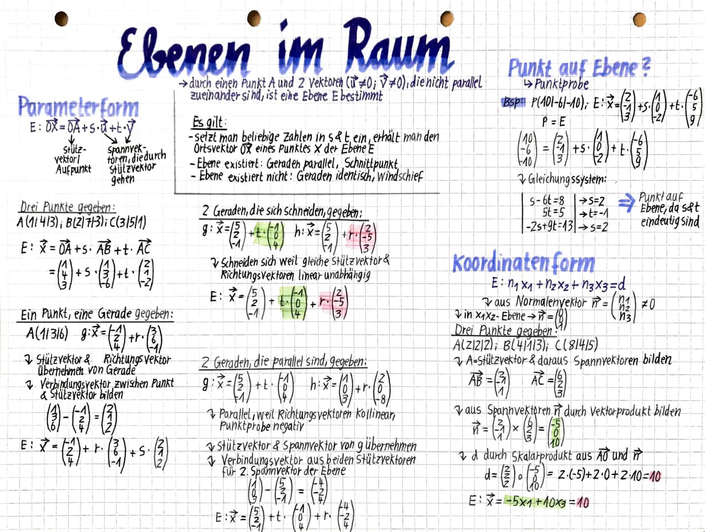 Parameter form
E: OX=DA+5•+•√
Ebenen im Raum
→durch einen Punkt A und 2 Vektoren (0; 0), die nicht parallel
zueinander sind, ist eine Ebene 