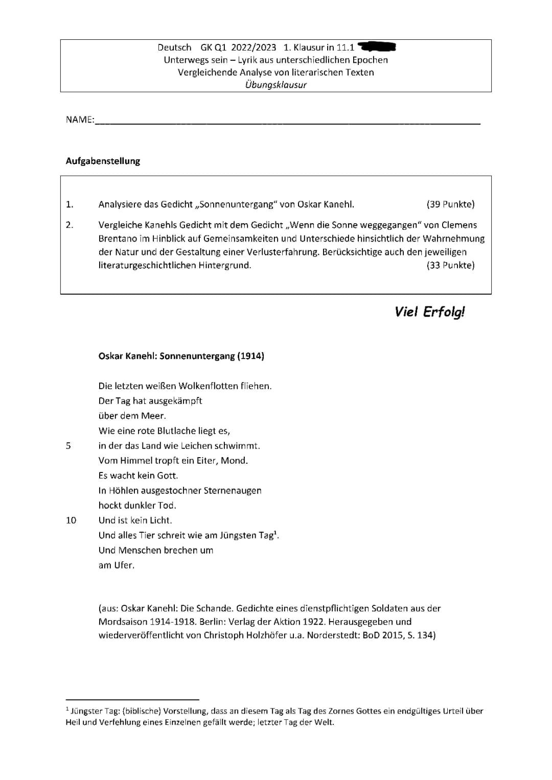 Klausur Gedichtsanalyse und Vergleich 