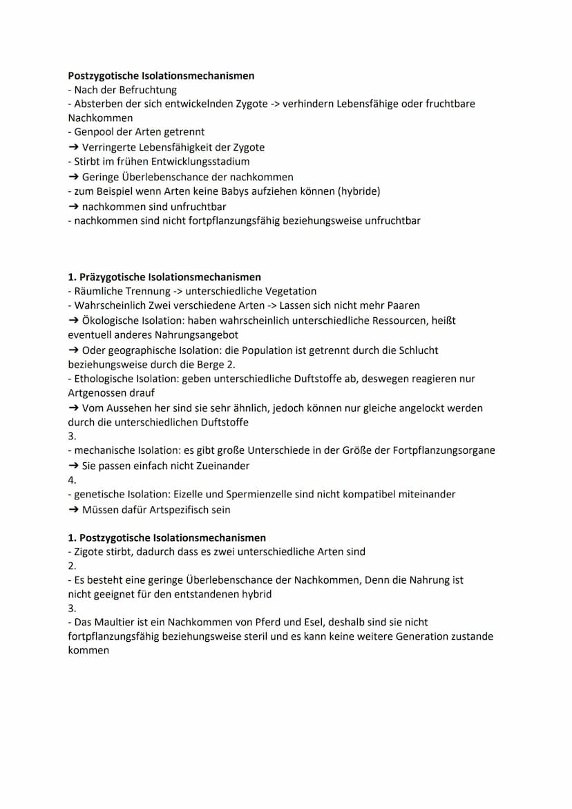 Isolationsmechanismen
Verhindert/Verringern die Geburt fruchtbarer Nachkommen und hält die Genpool Trennung
aufrecht zwischen der selben Art