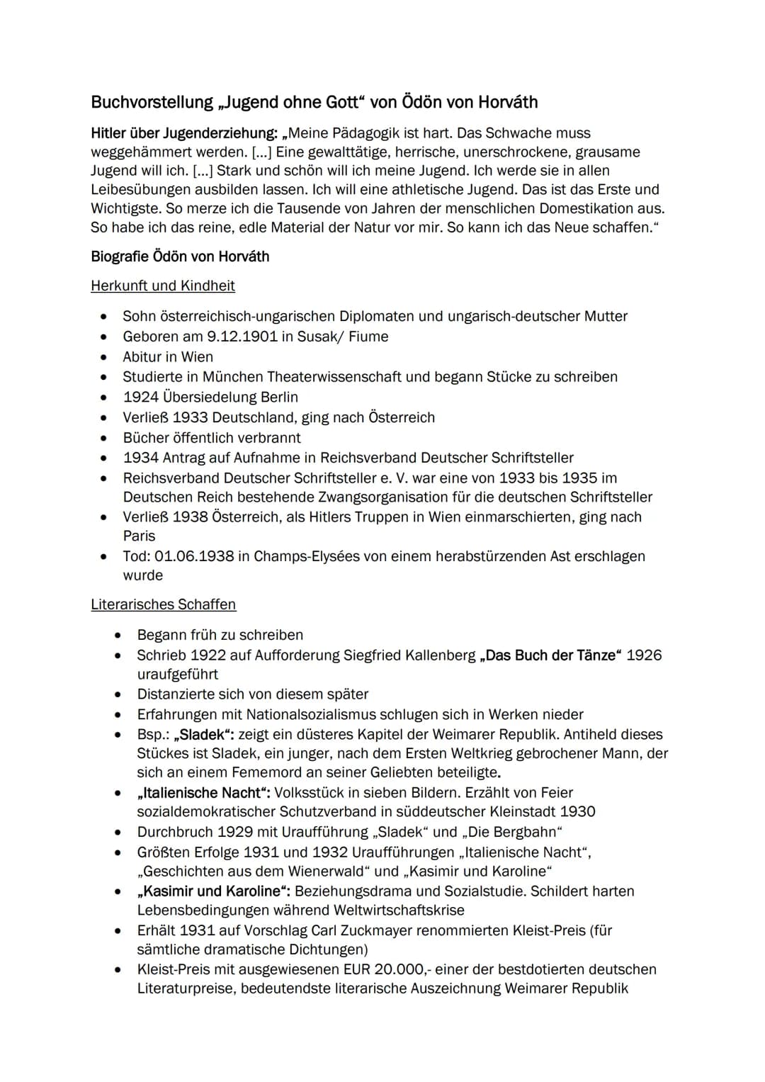 Buchvorstellung „Jugend ohne Gott" von Ödön von Horváth
Hitler über Jugenderziehung: „Meine Pädagogik ist hart. Das Schwache muss
weggehämme