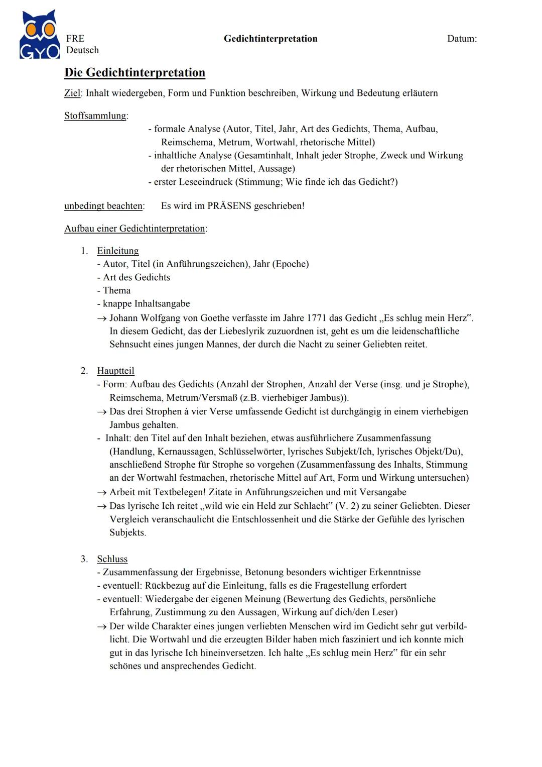 FRE
GYO Deutsch
Gedichtinterpretation
Die Gedichtinterpretation
Ziel: Inhalt wiedergeben, Form und Funktion beschreiben, Wirkung und Bedeutu