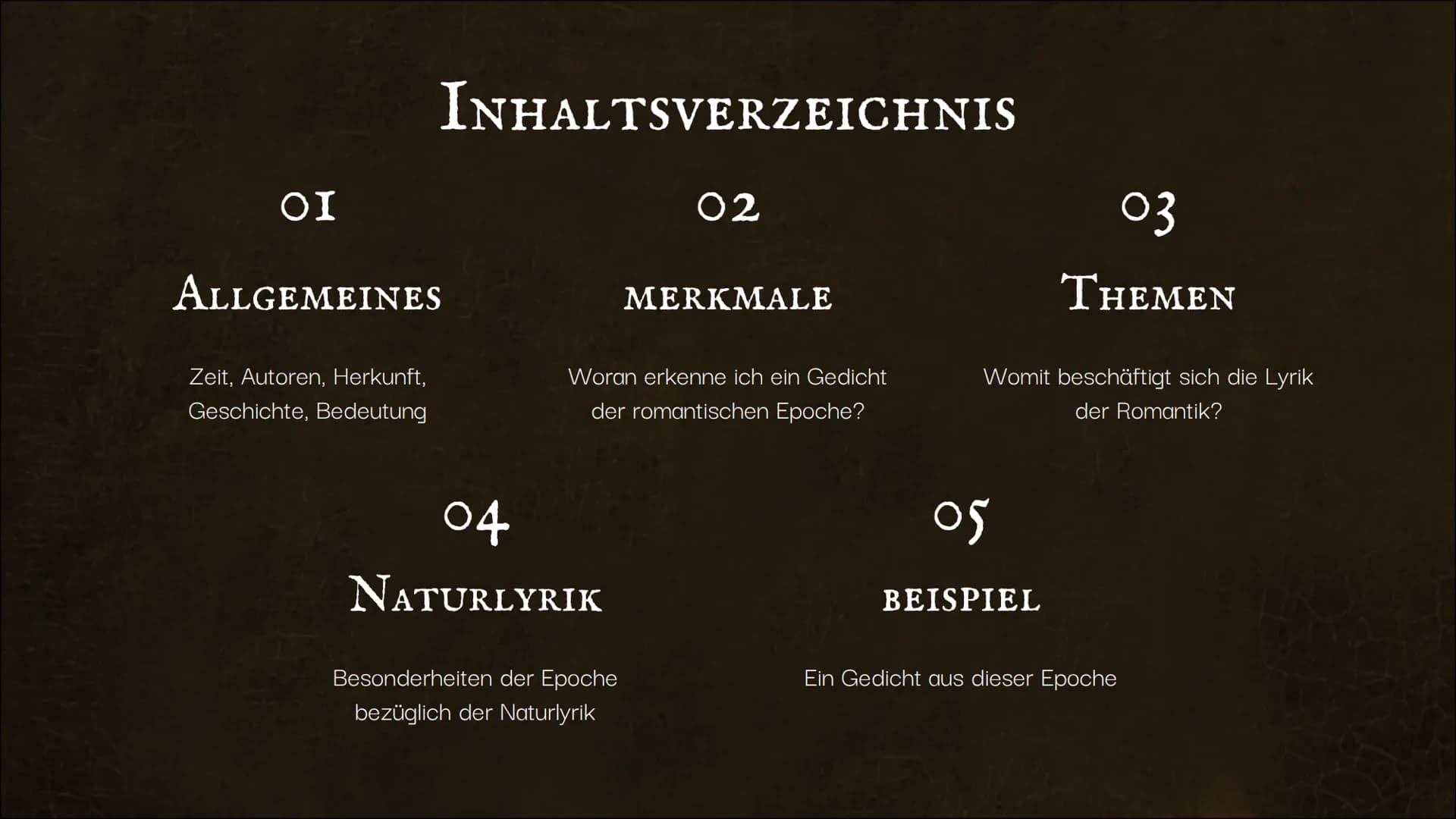 S
B
D GI
NATURLYRIK
DIE EPOCHE DER
LYRISCHEN ROMANTIK
47
Von: Janna, Emma INHALTSVERZEICHNIS
ΟΙ
ALLGEMEINES
Zeit, Autoren, Herkunft,
Geschic
