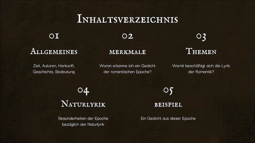 S
B
D GI
NATURLYRIK
DIE EPOCHE DER
LYRISCHEN ROMANTIK
47
Von: Janna, Emma INHALTSVERZEICHNIS
ΟΙ
ALLGEMEINES
Zeit, Autoren, Herkunft,
Geschic
