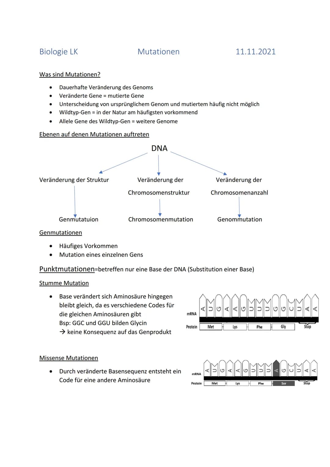 Biologie LK
Was sind Mutationen?
●
● Dauerhafte Veränderung des Genoms
● Veränderte Gene = mutierte Gene
Unterscheidung von ursprünglichem G