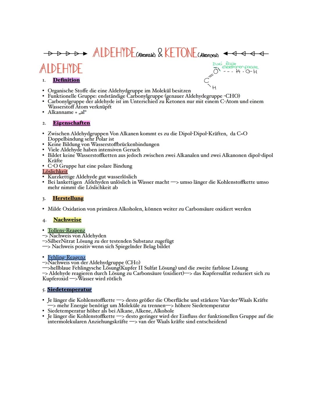 ALDEHYDE
I. Definition
ALDEHYDE (Alkemale) & KETONE (Allamone)
Organische Stoffe die eine Aldehydgruppe im Molekül besitzen
• Funktionelle G