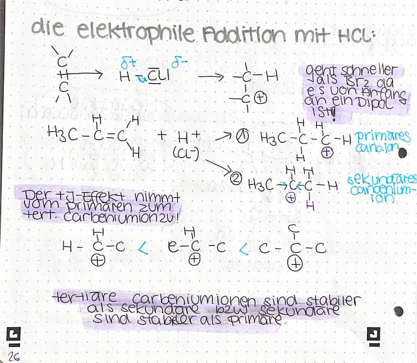 5
26
G
die elektrophile Addition mit HCL
Ć
H> HACLI →-C-H
St
-C+
69598
H3C-C=C₂
4
H
S-
Der +J-Effekt nimmt.
vom primaren zum
tert. Carbenium