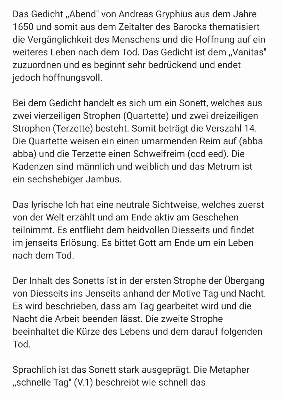 Gedichtsanalyse über das Gedicht ,,Abend"