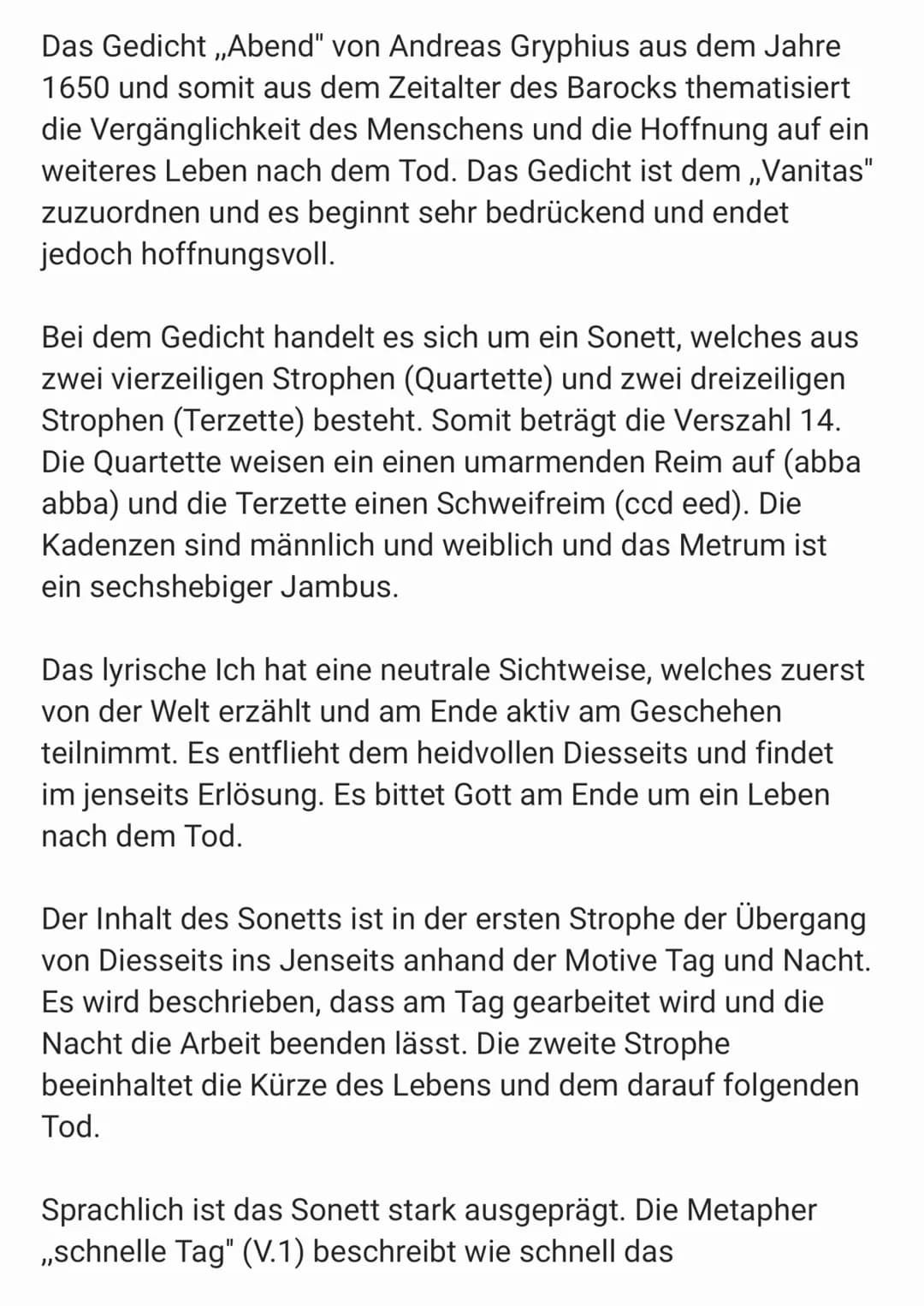 Das Gedicht ,,Abend" von Andreas Gryphius aus dem Jahre
1650 und somit aus dem Zeitalter des Barocks thematisiert
die Vergänglichkeit des Me