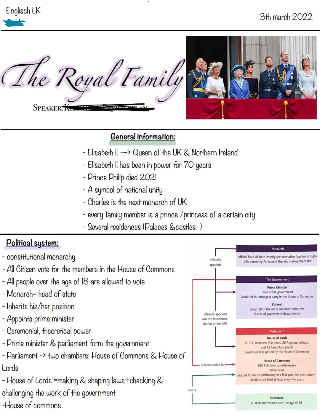 The Royal Family Englisch LK
The Royal Family
SPEAKER.K.
General information:
- Elisabeth II -> Queen of the UK & Northern Ireland
- Elisabe