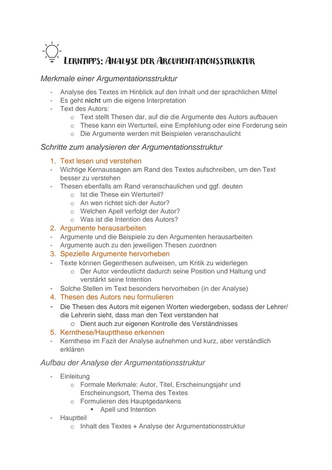 LERNTIPPS: ANALYSE DER ARGUMENTATIONSSTRUKTUR
Merkmale einer Argumentationsstruktur
Analyse des Textes im Hinblick auf den Inhalt und der sp