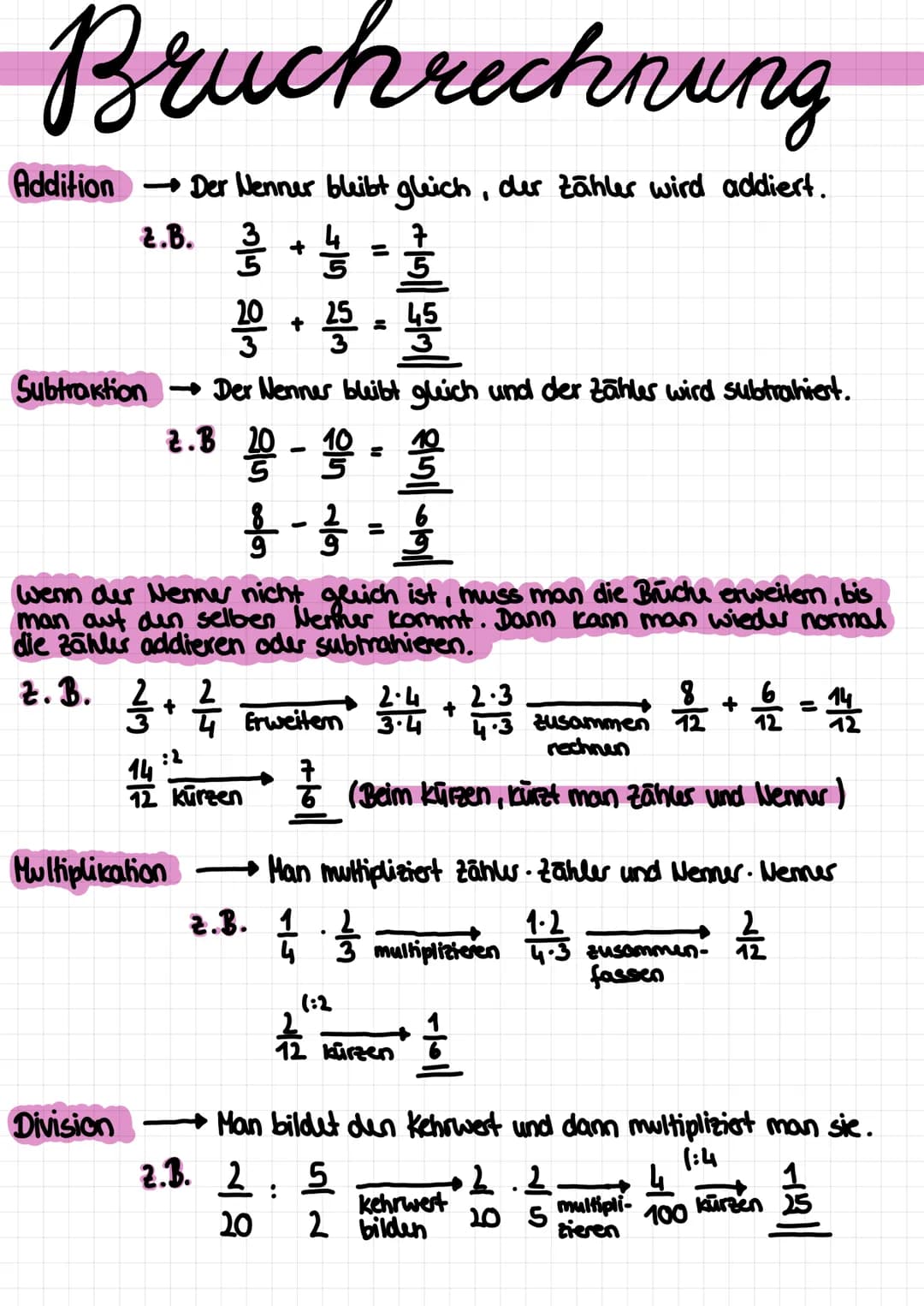 Bruchrechnung
Addition →→→ Der Nenner bleibt gleich, der Zähler wird addiert.
2.B. 23/2 + 1/125
음 놈
1200 + 25 = 4500
Subtraktion → Der Nenne