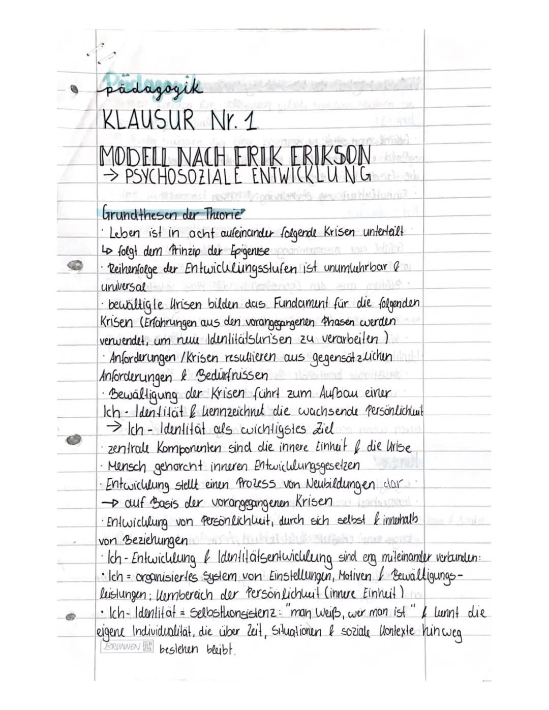 Lernzettel/ Zusammenfassung Psychosoziales Modell nach Erikson