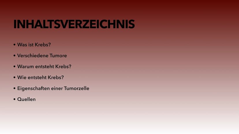 KREBS
WARUM ENTSTEHT KREBS UND WIE KOMMT ES DAZU?
ALIS MACHMOUCHI INHALTSVERZEICHNIS
• Was ist Krebs?
• Verschiedene Tumore
• Warum entsteht