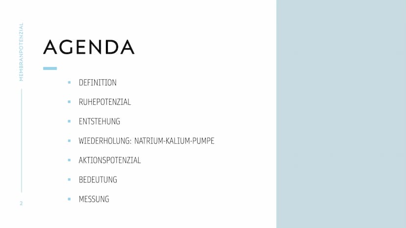 MEMBRANPOTENZIAL MEMBRANPOTENZIAL
2
AGENDA
■ DEFINITION
■
RUHEPOTENZIAL
ENTSTEHUNG
WIEDERHOLUNG: NATRIUM-KALIUM-PUMPE
AKTIONSPOTENZIAL
BEDEU