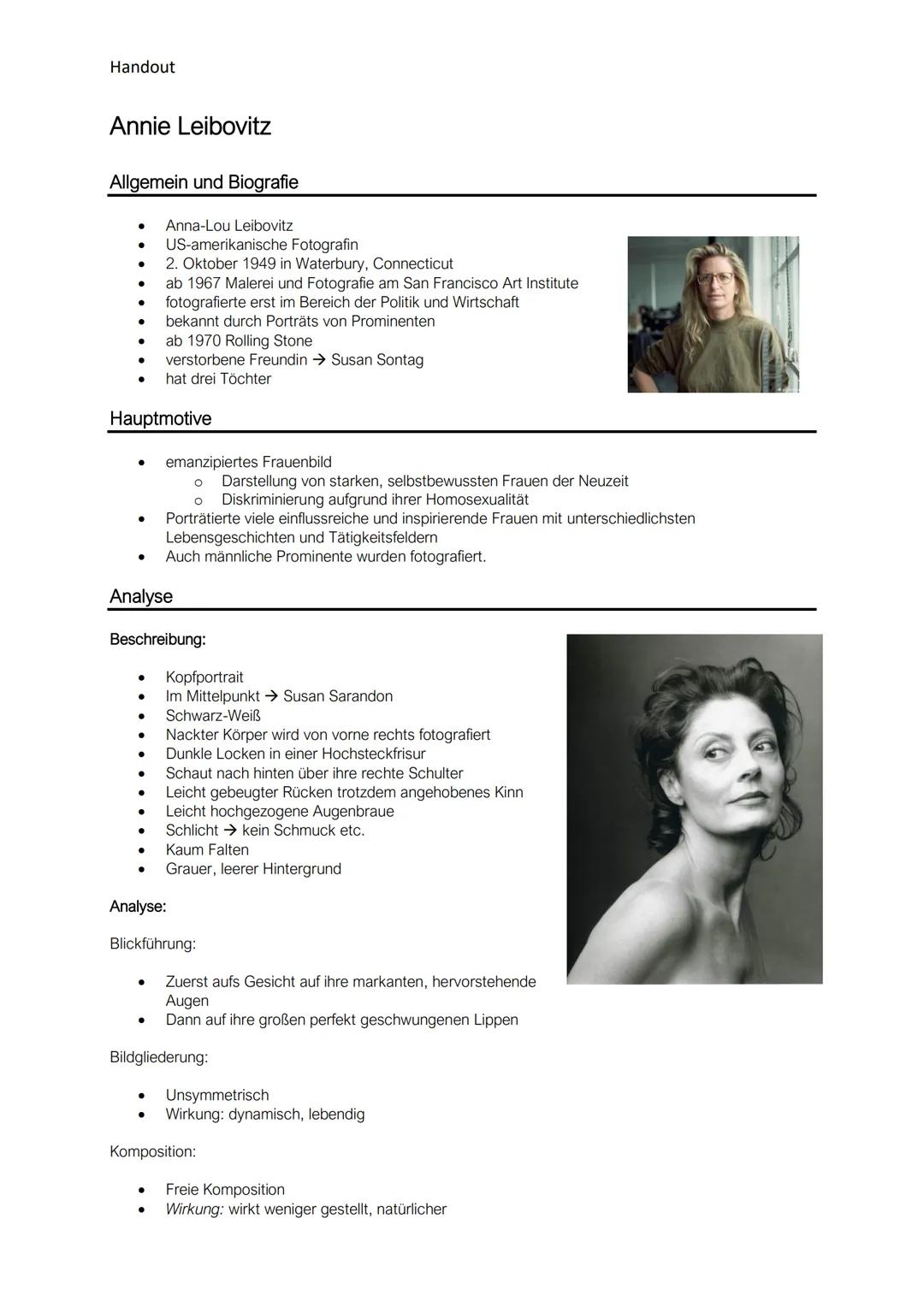 Handout

Annie Leibovitz

Allgemein und Biografie

- Anna-Lou Leibovitz
- US-amerikanische Fotografin
- 2. Oktober 1949 in Waterbury, Connec