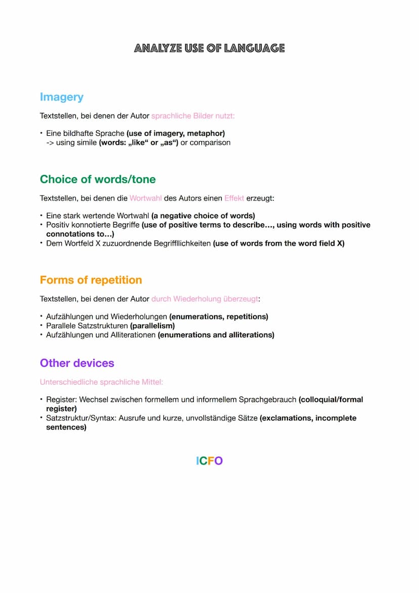 Support
Textstellen, bei denen der Autor seine Gedanken unterstützt durch:
.
.
ANALYZE COMMUNICATIVE STRATEGIES
Beispiele und Fakten (exampl