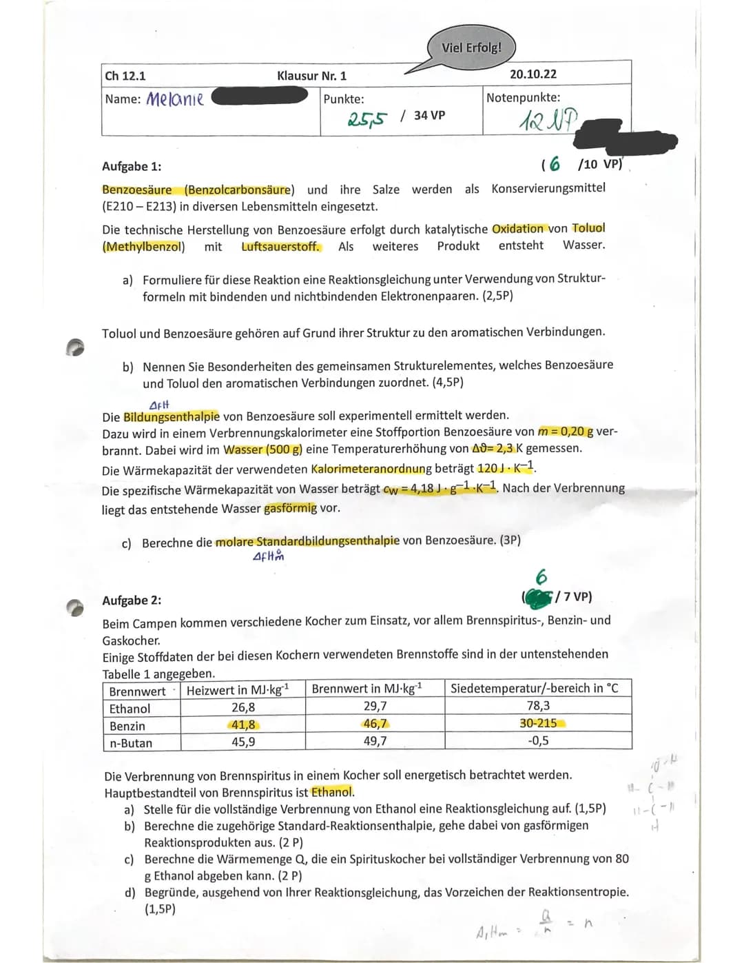 Chemieklausur Energetik und Aromaten