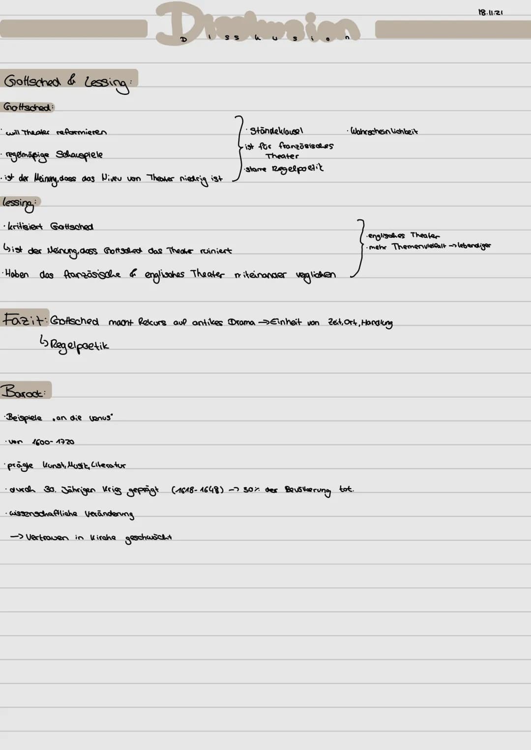 Gottsched & Lessing.
Gottsched:
will theater reformieren.
· regelmäßige Schauspiele
・ist der Meinung, dass das Niveu von Theater niedrig ist