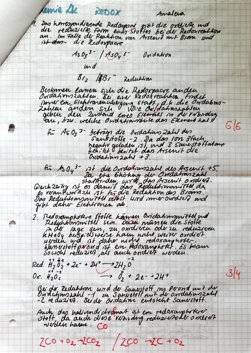 2. Leistungskontrolle: Redoxreaktionen
1. Arsenit reagiert mit Brom nach folgender Gleichung:
Amalera
AsO 3³+ Br₂ + H₂O = ASO³ + 2 Br + 2H*
