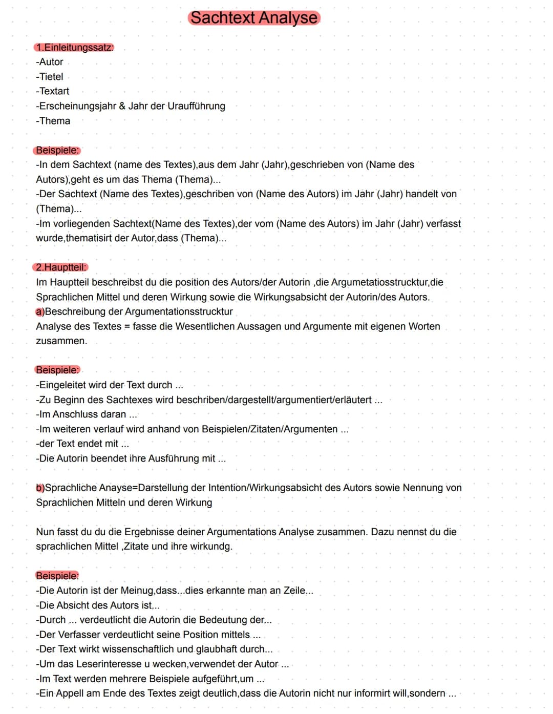 1.Einleitungssatz:
-Autor
-Tietel
-Textart
Sachtext Analyse
-Erscheinungsjahr & Jahr der Uraufführung
-Thema
Beispiele:
-In dem Sachtext (na