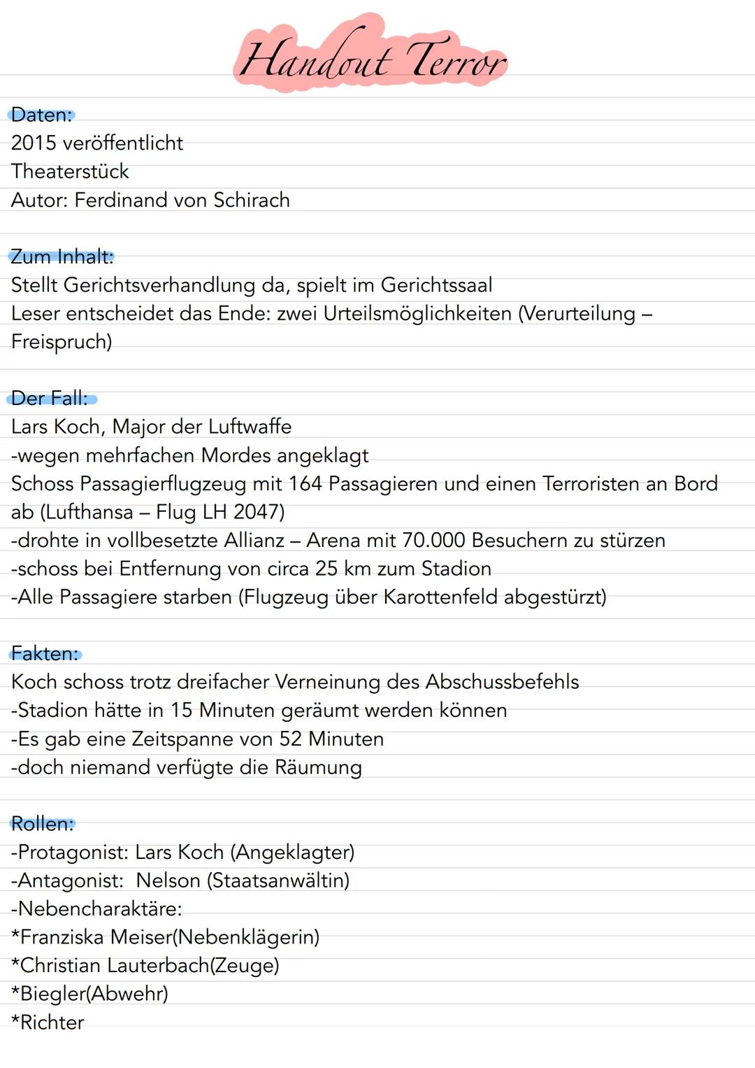 # Handout Terror

Daten:
2015 veröffentlicht
Theaterstück
Autor: Ferdinand von Schirach

Zum Inhalt:
Stellt Gerichtsverhandlung da, spielt i