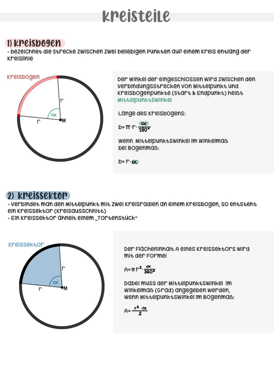 # kreisteile

1) kreisbogen
- bezeichnet die strecke zwischen zwei beliebigen Punkten auf einem kreis entlang der
Kreislinie
Kreisbogen
r
r
