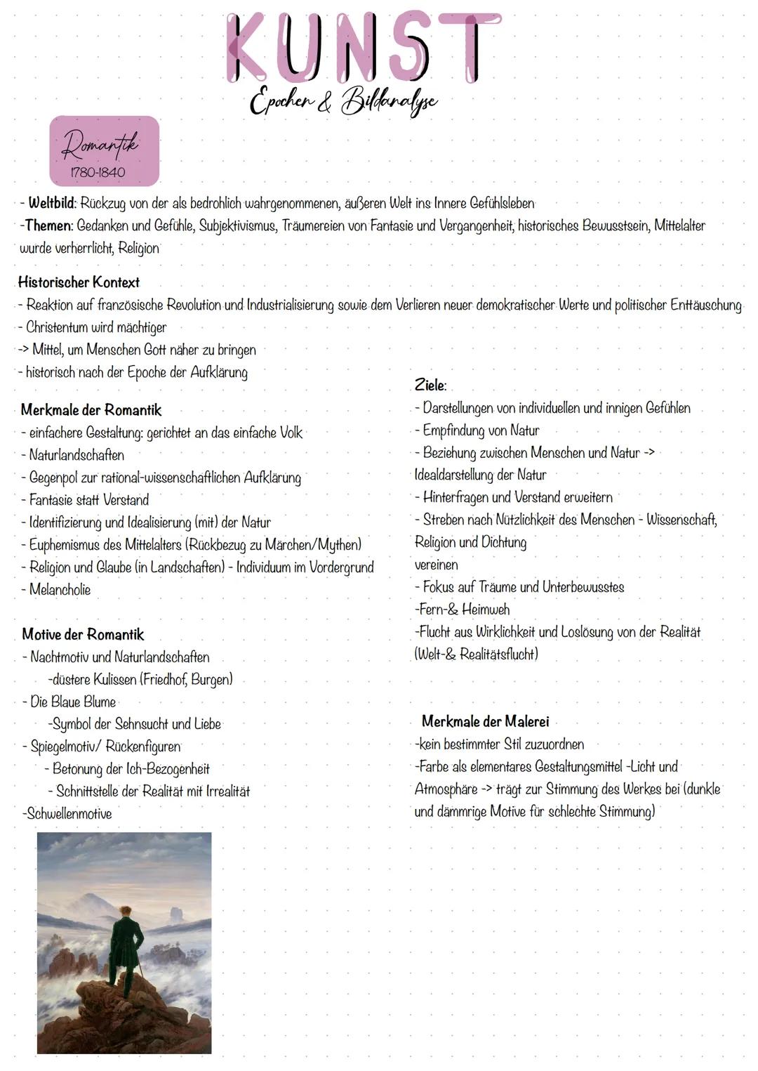 # KUNST
Epochen & Bildanalyse

Romantik
1780-1840

- Weltbild: Rückzug von der als bedrohlich wahrgenommenen, äußeren Welt ins Innere Gefühl