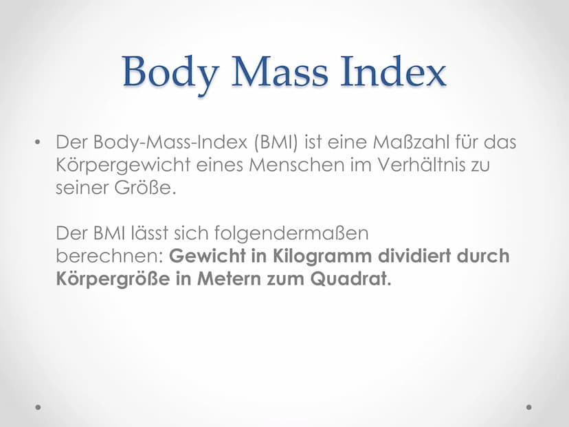 Essstörungen ●
Body Mass Index
Der Body-Mass-Index (BMI) ist eine Maßzahl für das
Körpergewicht eines Menschen im Verhältnis zu
seiner Größe