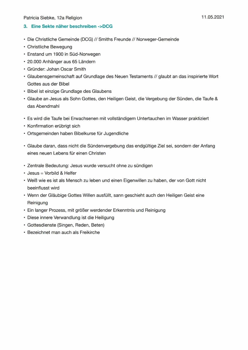 Patricia Siebke, 12a Religion
Religion - Thema Sekten
1. Definition von Sekten
• Bezeichnung für eine religiöse, philosophische oder politis