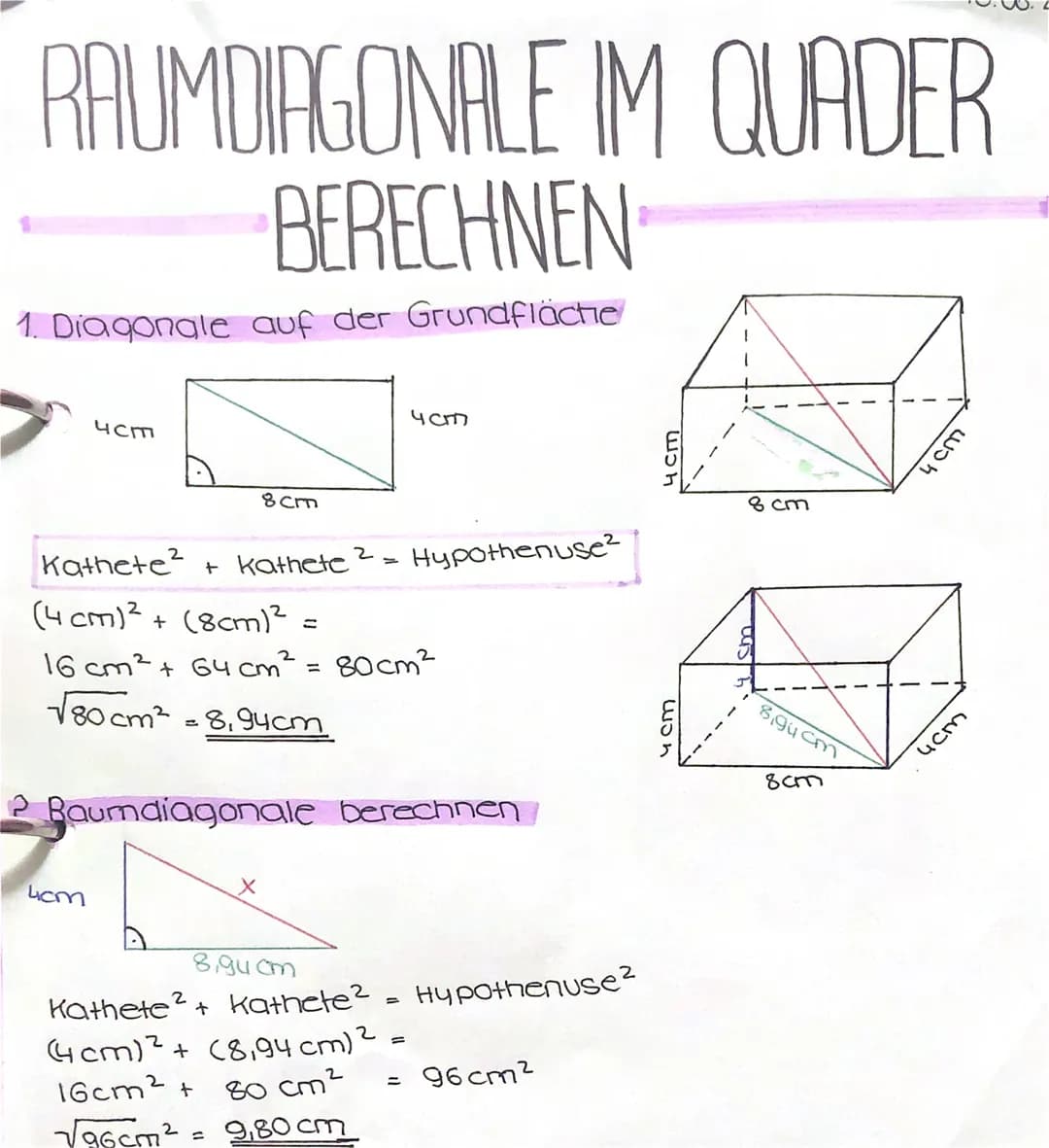 RAUMDIAGONALE IM QUADER
BERECHNEN
1. Diagonale auf der Grundfläche
4cm
8 cm
Kathete²+ kathete 2
Licm
(4 cm)² + (8cm)²
16 cm² + 64 cm² = 80cm