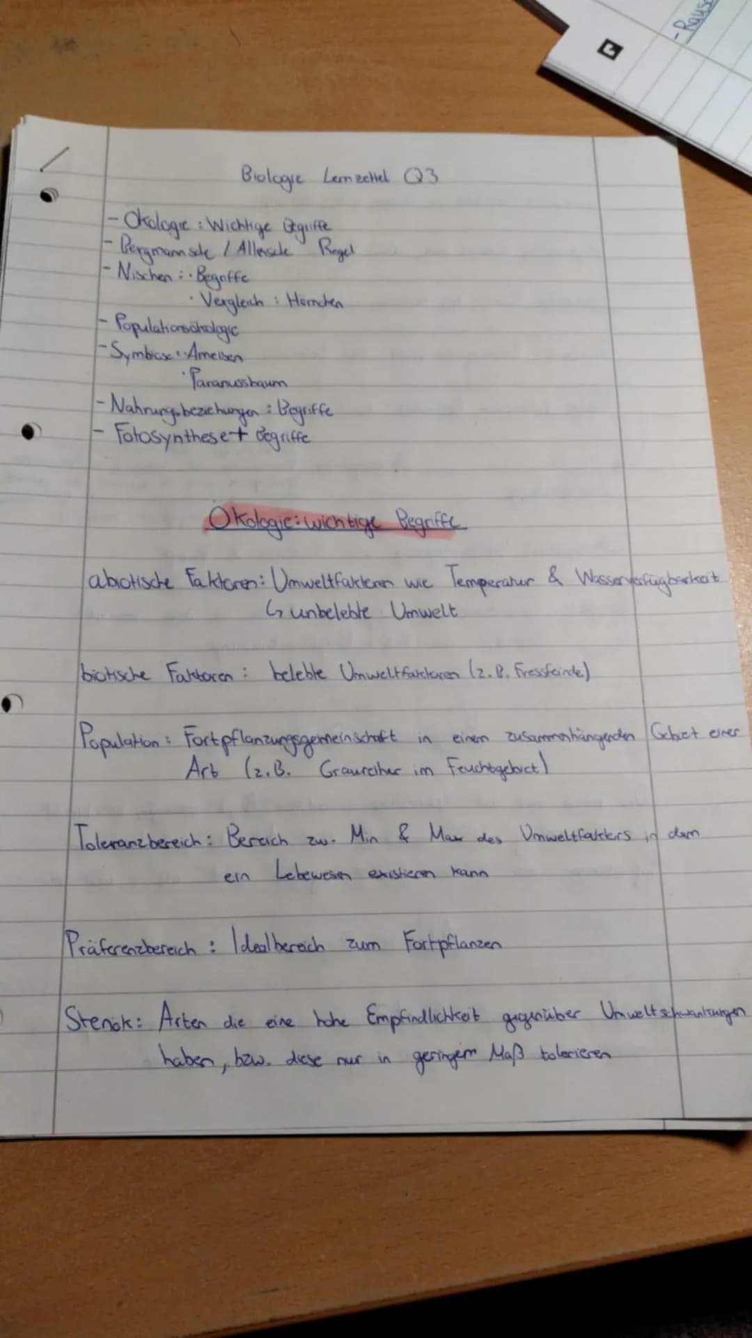 Biologie Lernzettel Q3 (stand: 25.10.2020) Biologie Lernzettel Q1 Biologie Lernzettel Q2 Biologie Lemn zettel Q3
- Okologie: Wichtige Begrif