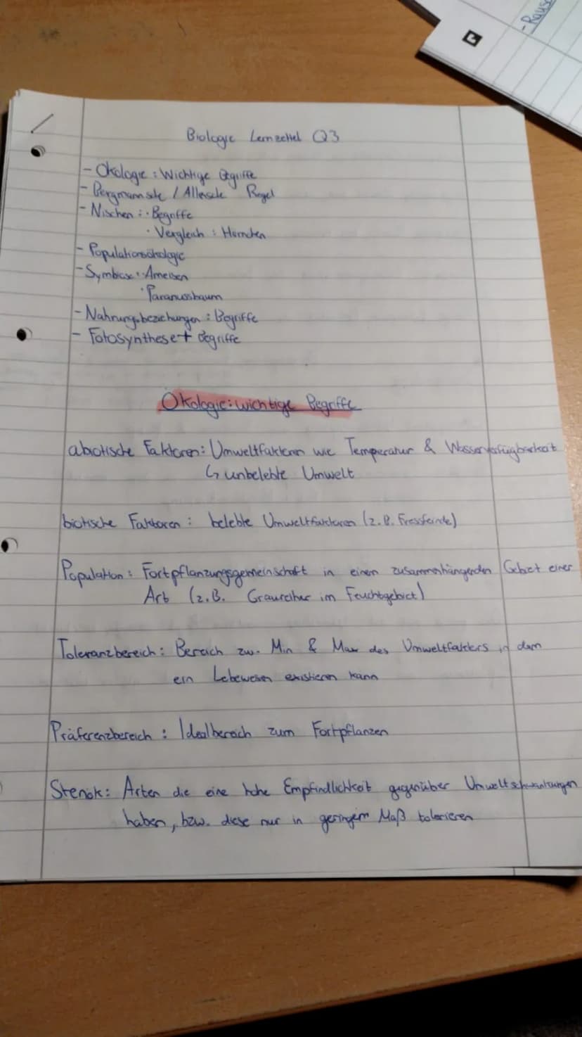 Biologie Lernzettel Q3 (stand: 25.10.2020) Biologie Lernzettel Q1 Biologie Lernzettel Q2 Biologie Lemn zettel Q3
- Okologie: Wichtige Begrif