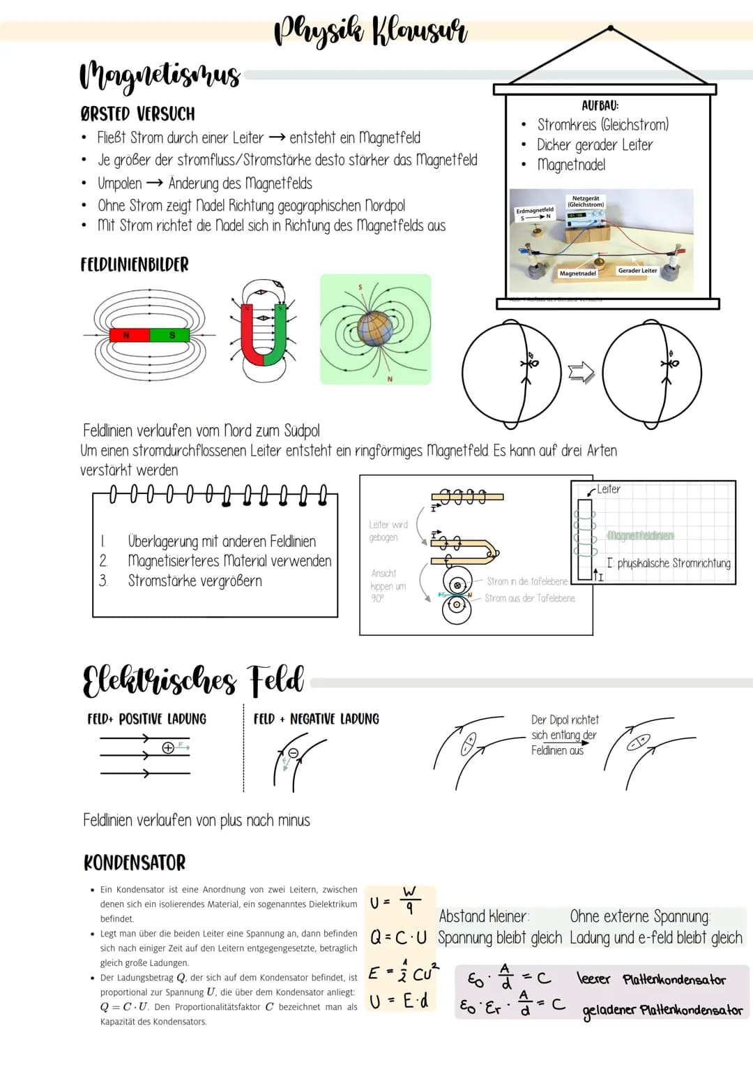 Physik Klausur
Magnetismus
ØRSTED VERSUCH
Fließt Strom durch einer Leiter entsteht ein Magnetfeld
Je größer der stromfluss/Stromstärke desto