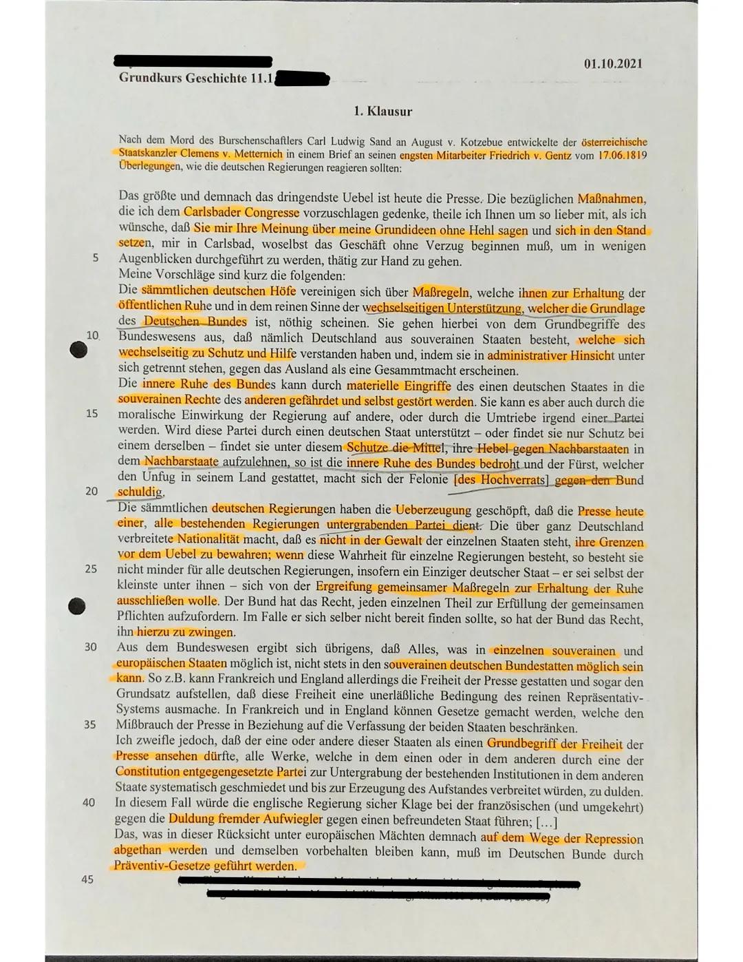 5
10
15
20
25
30
35
40
45
Grundkurs Geschichte 11.1
1. Klausur
01.10.2021
Nach dem Mord des Burschenschaftlers Carl Ludwig Sand an August v.