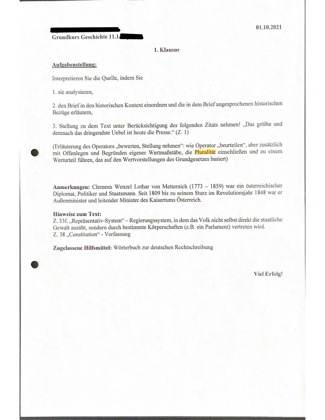 5
10
15
20
25
30
35
40
45
Grundkurs Geschichte 11.1
1. Klausur
01.10.2021
Nach dem Mord des Burschenschaftlers Carl Ludwig Sand an August v.