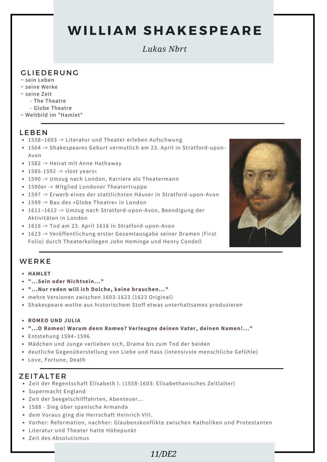 GLIEDERUNG
~ sein Leben
~ seine Werke
~ seine Zeit
- The Theatre
- Globe Theatre
~ Weltbild im "Hamlet"
●
LEBEN
1558-1603 -> Literatur und T